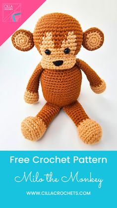 a crocheted monkey sitting on the ground with text overlay that says free crochet pattern