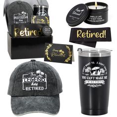 a hat, mug, and other items are arranged in a collage with the words retired on them