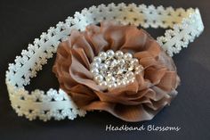 Autumn Rhinestone & Pearl Chiffon Flower on Lace Headband or Clip - Newborn Baby Girl Adult - Thanksgiving - Brown Mocha Ivory only $9.00! Mocha