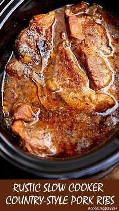 slow cooker country - style pork ribs in the crock pot with text overlay