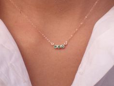 Three Stone Emerald Bezel Set Necklace 14k Gold Emerald May | Etsy Birthstone Band, Bezel Set Necklace, Soldered Jewelry, Dainty Necklaces, Real Pearl Necklace, Dainty Band, Pearl Necklace Wedding, May Birthstone, Emerald Necklace