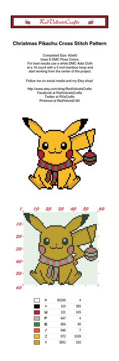 the pokemon pikachu cross stitch pattern is shown in three different colors and sizes