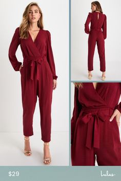 The Lulus In the City Burgundy Surplice Long Sleeve Jumpsuit is a look that can take you where you wanna go! Lightweight flat woven fabric sweeps chicly across long sleeves and a flirty surplice bodice with pleated detail and a back keyhole (secured by two round covered buttons). Paper bag waist (with belt loops and a tying sash belt) adds unique flair atop slim cropped pant legs, making this jumpsuit a stylish choice for day or night! Hidden side seam pockets. Hidden back zipper/clasp. Fit: Thi Long Sleeve Tie Waist Jumpsuits For Loungewear, Long Sleeve Jumpsuit With Tie Waist For Loungewear, Long Sleeve Tie Waist Jumpsuits And Rompers For Loungewear, V-neck Jumpsuits And Rompers For Fall Brunch, Chic Long Sleeve Jumpsuits And Rompers For Brunch, Chic Long Sleeve Jumpsuits For Brunch, Fall Brunch V-neck Jumpsuits And Rompers, Chic Jumpsuits And Rompers For Fall Brunch, Chic Long Sleeve Jumpsuits And Rompers For Fall