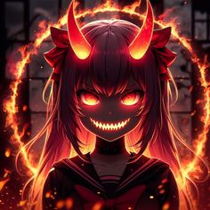 an anime character with horns on her head and glowing eyes, standing in front of fire