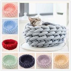 the cat bed is made out of knitted yarn and sits on top of it