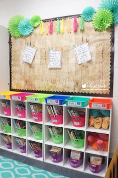 the classroom is organized and ready to be used for school activities, including bookshelves