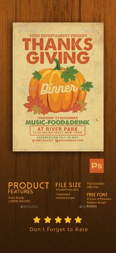 thanksgiving flyer with pumpkins and leaves on wood background - holidays flyers print templates