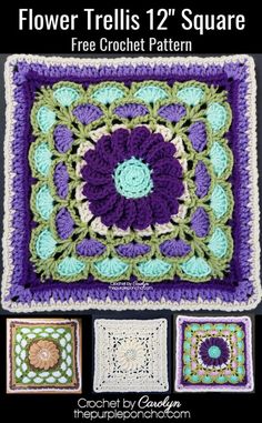 the flower trellis 12 square is shown in purple, green and white crochet