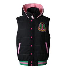 Unisex size, go down a size. -Black nylon with pink stitching -Pink and green ribbing with Sherpa lining -Pink buttons -Chenille Embroidered Applique Logo hooded Pink Cotton Outerwear With Fleece Lining, Hooded Puffer Vest, Denim Hat, Embroidered Applique, Green Button, Sherpa Lined, Black Nylon, Puffer Vest, Light Denim