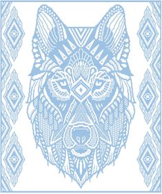 a blue and white drawing of a wolf's head with geometric designs on it