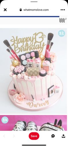 a birthday cake with makeup and shoes on the bottom, next to an instagram page that says happy 3rd birthday