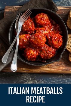 a skillet filled with meatballs and bread