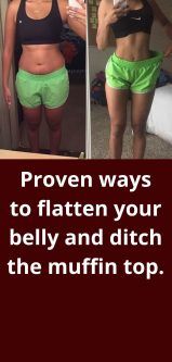 a woman in green shorts is looking at her cell phone and the caption reads, proven ways to flatten your belly and ditch for the muffin top