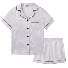 PRICES MAY VARY. 🌈Premium Material: This Kids Classic Short Sleeve Pajamas Made of high-quality silk satin fabric. Ultra-soft, lightweight, cool, breathable and comfortable. Give your lovely kids to dreamland sweet in every summer night. 🌈Classic Pajamas Style: VESEACKY unisex nighty design with classic notch collar, short sleeve, button front sleep shirt, mini chest pocket, exquisite piping contrast and super cute pj shorts. Suitable for boys and girls wear in spring and summer. 🌈Elastic Wai Casual Sleepwear For Pajama Party With Star Print, Casual Sleepwear With Star Print For Pajama Party, Cute Pj Shorts, Nighty Design, Satin Pajamas Set, Silk Pjs, Satin Nightwear, Satin Pj Set, Cute Pjs