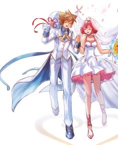 two anime characters dressed in wedding clothes and holding flowers, one is wearing a white dress