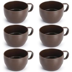 six brown coffee mugs sitting next to each other