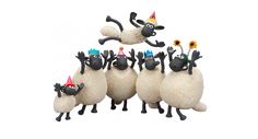 a group of sheep wearing party hats and jumping in the air with sunflowers on their heads