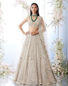 Champagne Floral Lehenga Set | Seema Gujral | Panache by Sharmeen Seema Gujral Lehenga, Champagne Lehenga, Beige Lehenga, Strappy Blouse, Sequins Lehenga, Sequin Lehenga, Seema Gujral, Baju Kahwin