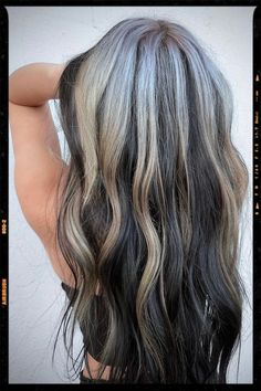 Black and White Hair Platinum On Dark Hair, Silver To Black Hair, Silver Hair With Dark Underneath, Balayage With Dark Underneath, Blonde With Brown Front Pieces, Black Hair With Peek A Boo Highlights, Black And Blond Hair Ideas, Blonde On Top Black Underneath Hair, Silver On Top Black On Bottom Hair