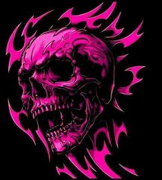 a pink skull with flames on it's face