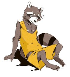 a raccoon in a yellow dress sitting on the ground with its legs crossed