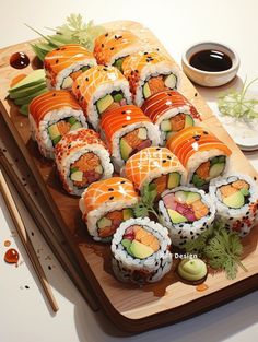 sushi on a cutting board with chopsticks next to it