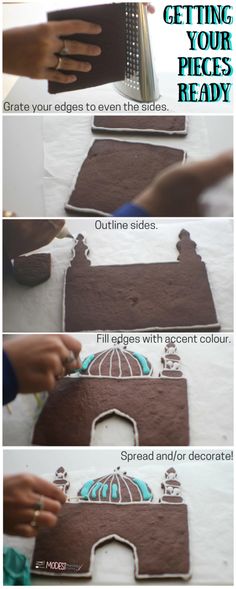 the steps to decorate a gingerbread house with chocolate icing and decorations on it