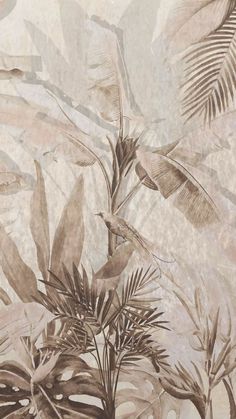 an artistic photo of leaves and plants on a wallpapered background with neutral tones