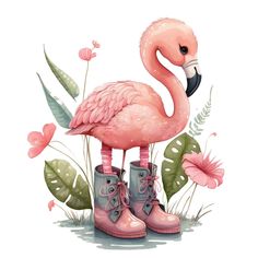 a pink flamingo standing on top of boots in front of some plants and flowers