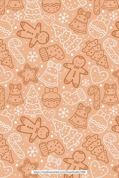 an orange and white christmas pattern with gingerbreads