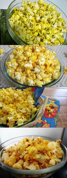 three pictures show different stages of making popcorn