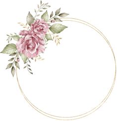 pink roses and green leaves are arranged in a gold circle frame on a white background