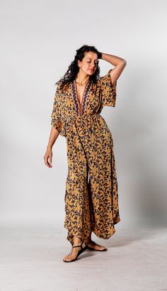 Long boho overall for woman | Deep v neck | Open back overall | Wide legs jumpsuit | Bohemian clothing | Wide legs pants | Hippie, Festival One size - will fit sizes XS-XL. Bohemian Printed V-neck Jumpsuits And Rompers, Flowy V-neck Jumpsuits And Rompers For Vacation, Flowy V-neck Jumpsuit For Vacation, Printed Maxi Jumpsuits And Rompers For Summer, Bohemian Printed Jumpsuits And Rompers With V-neck, Bohemian V-neck Printed Jumpsuits And Rompers, Flowy V-neck Jumpsuits And Rompers For Beach, Bohemian Printed V-neck Jumpsuit, Flowy V-neck Jumpsuit For The Beach