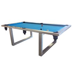 a pool table with blue cloth on it and two black balls at the end, in front of a white background