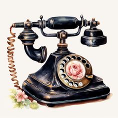 an old fashioned phone with a rose on the dial and two handset, painted in watercolor