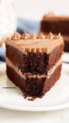 a slice of chocolate cake on a white plate