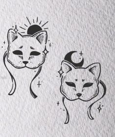 an ink drawing of two cats with the moon and stars on their heads, one cat has