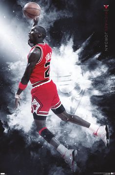 a basketball player in the air with a ball above his head and clouds behind him