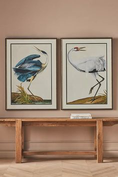 two framed paintings of birds on the wall above a wooden bench in a living room