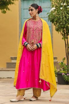 Hot pink straight kurta with all over floral embroidery using dori, resham and zari work. Paired with a mustard salwar with embroidered border. - Aza Fashions Festive Pink Katan Silk Kurta, Designer Pink Katan Silk Salwar Kameez, Pink Katan Silk Designer Sets, Pink Salwar Kameez With Resham Embroidery In Katan Silk, Pink Katan Silk Salwar Kameez With Resham Embroidery, Pink Katan Silk Kurta With Traditional Drape, Pink Semi-stitched Katan Silk Sharara, Pink Anarkali Katan Silk Salwar Kameez, Pink Katan Silk Kurta With Dupatta