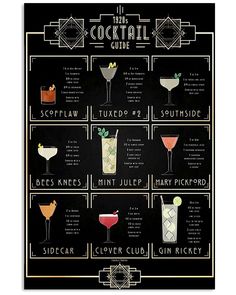 the cocktail guide is shown in gold and black, with different types of drinks on it