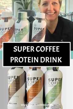 Smiling woman holding a bottle of Super Coffee with more bottles displayed in front, labeled as protein drinks in various flavors. Protein In Coffee, Hot Coffee Protein Drink, Caffeine Free Energy Boosters, Protein Powder Coffee, Protein Drink Recipes