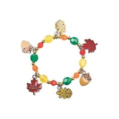 a bracelet with charms on it and leaves in the shape of an autumn leaf is shown