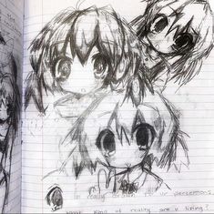 an open book with two drawings of anime characters on the pages and one drawing of another character