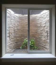 a window that has a stone wall in the background and plants growing out of it