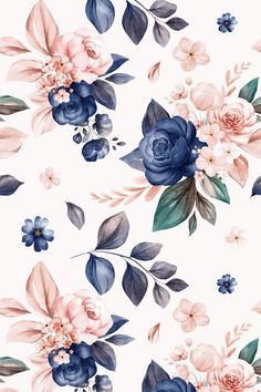 a white background with blue and pink flowers