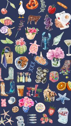 a bunch of different items that are on a blue background, including oranges and other things