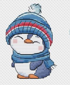 a cross stitch penguin with a hat and scarf