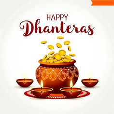 a happy dhanteras greeting card with gold coins in a pot and lit candles