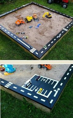 an outdoor play area made out of pallet boards and construction vehicles on the ground